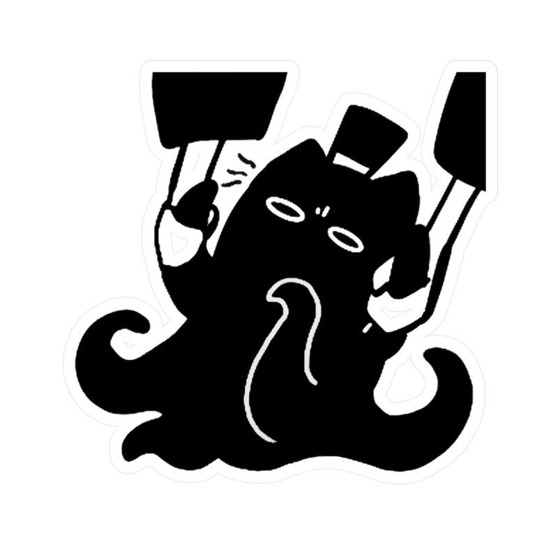 Eldritch Chef Meow sticker design - black cat with tentacles wearing top hat and holding cooking utensils, Lord of the Mysteries fan art on white background