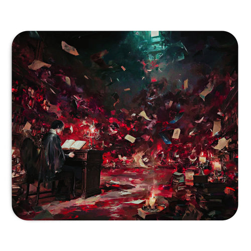 Lord of the Mysteries Mystical Library Mouse Pad - Full design view showing Victorian scholar studying ancient tomes surrounded by floating arcane pages and mystical candlelight