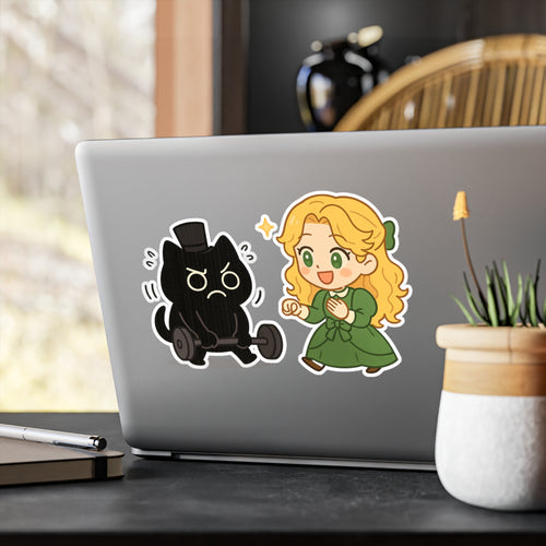 Lord of the Mysteries Meow chibi sticker and Audrey sticker on laptop - kawaii vinyl decal anime merch