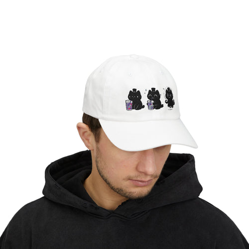 Lord of the Mysteries Cat Trio Embroidered Cap - White color worn by model showing embroidered cat design