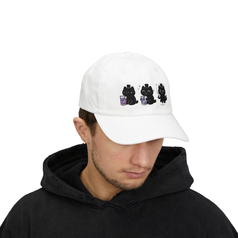 Lord of the Mysteries Cat Trio Embroidered Cap - White color worn by model showing embroidered cat design