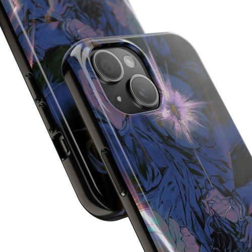 Lord of the Mysteries Fatebound Duel iPhone Case - angled view showing glossy finish with blue and purple mystical duel artwork