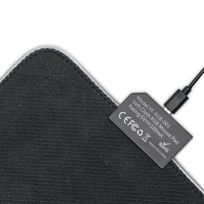 RGB gaming mouse pad product specifications label showing model YF-RGB-001, 5V power rating, CE FCC RoHS certifications and USB connection