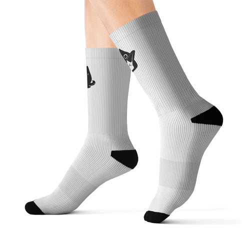 Lord of the Mysteries Klein Cat Socks - Gray crew socks with cute black cat design worn on feet
