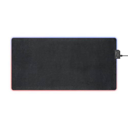 XL RGB gaming mouse pad top view showing black surface with colorful LED edge lighting and USB cable connection