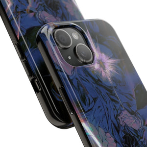 Lord of the Mysteries Fatebound Duel iPhone Case - angled view showing glossy finish with blue and purple mystical duel artwork